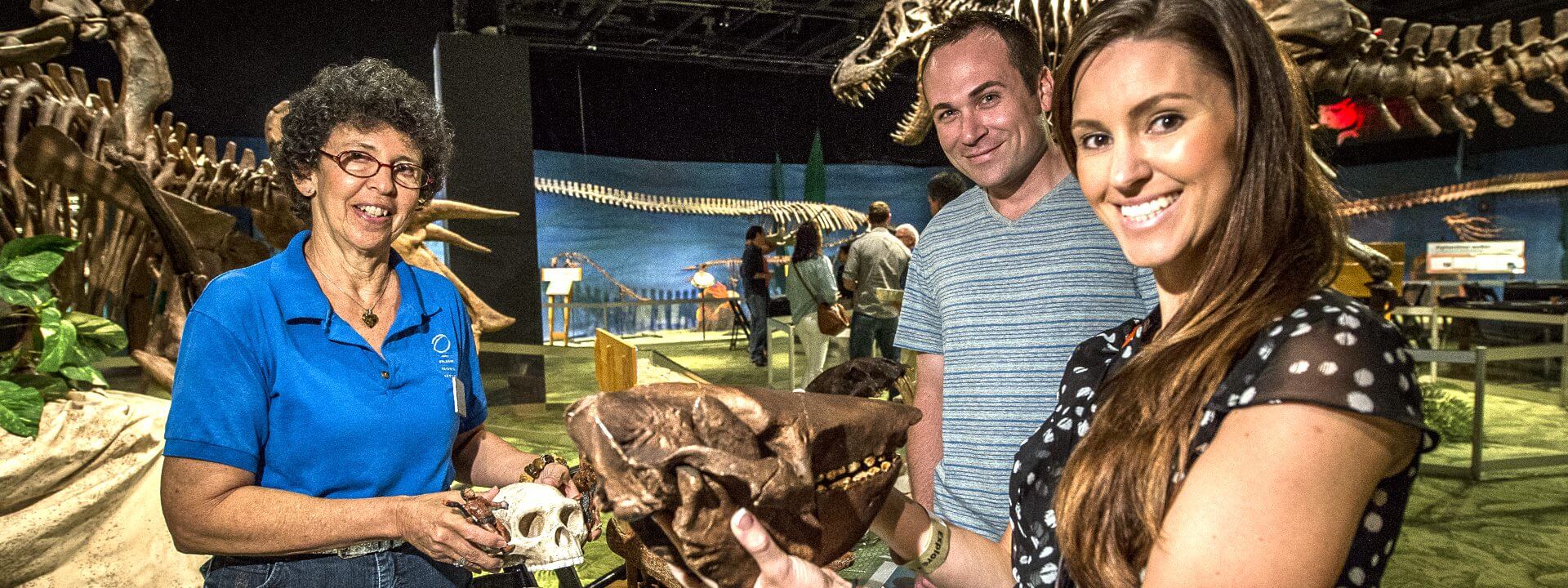 Adult volunteer in the DinoDigs exhibit showing fossils to visitors.