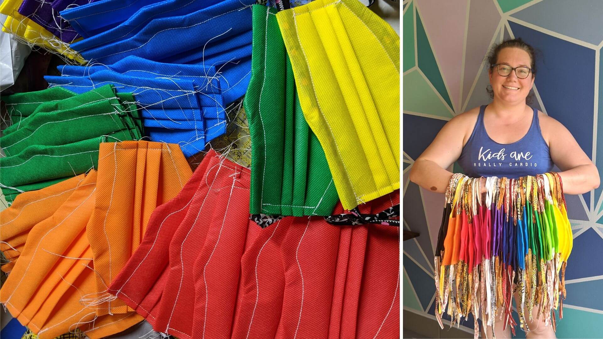 Face masks made for Central Florida PPE needs next to woman holding face masks by straps