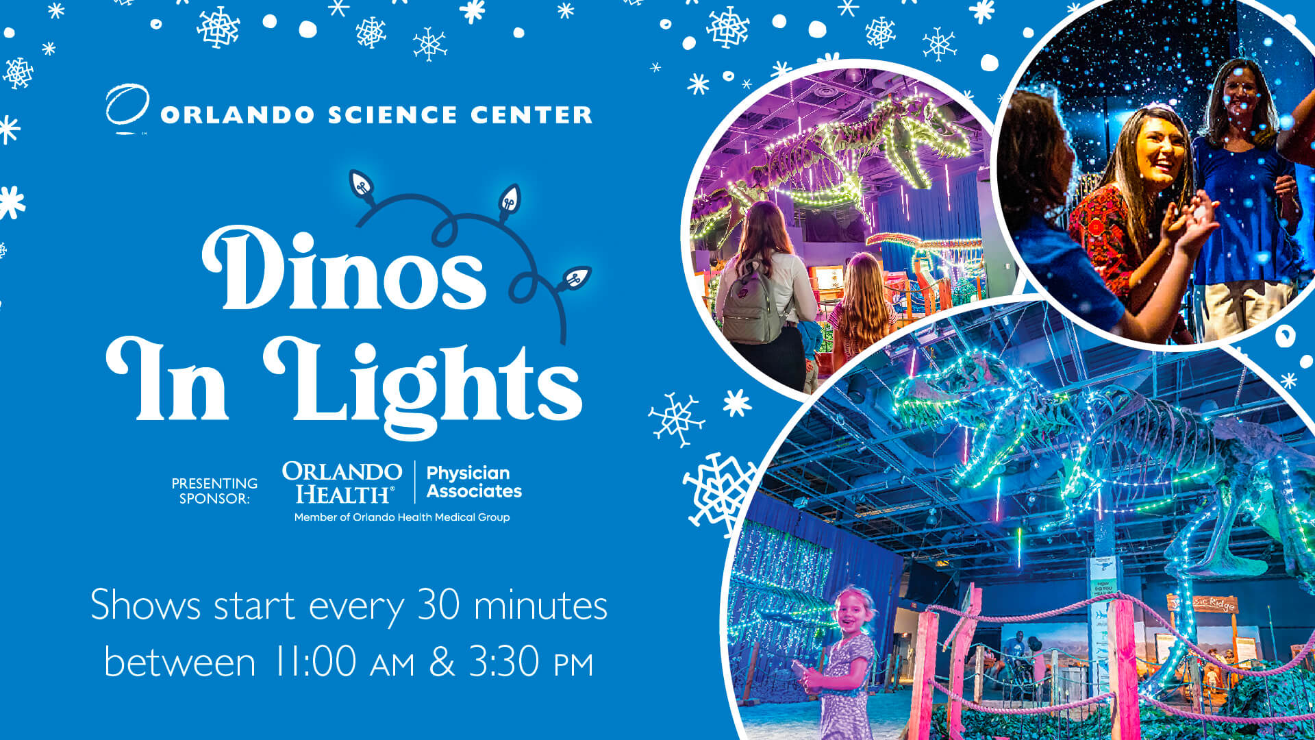 Dinos In Lights - Presenting Sponsor Orlando Health Physician Associates. Shows start every 30 minutes between 11:00 am & 3:30 pm.