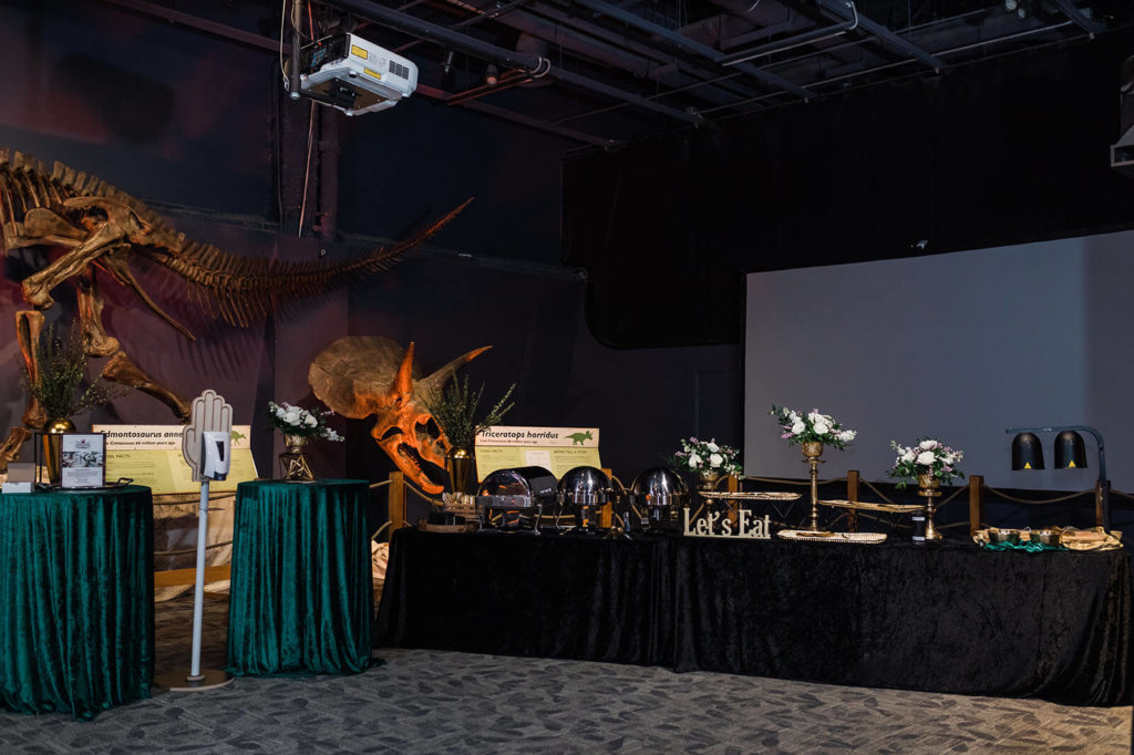 Food buffet in dinosaur exhibit