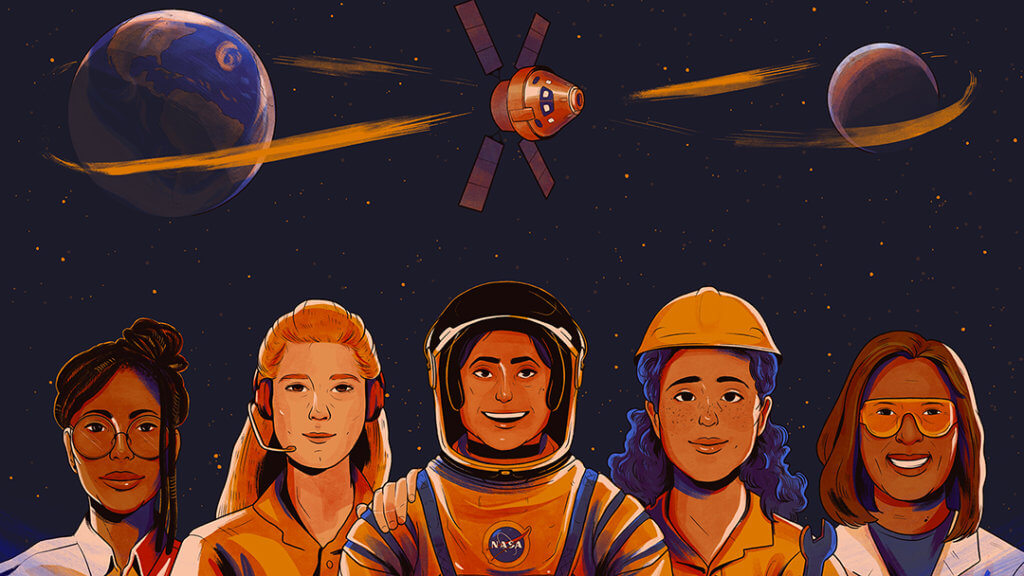 Illustration of five women representing scientific disciplines against a star field with the orbital path shown of Artemis mission from the Earth to the moon.