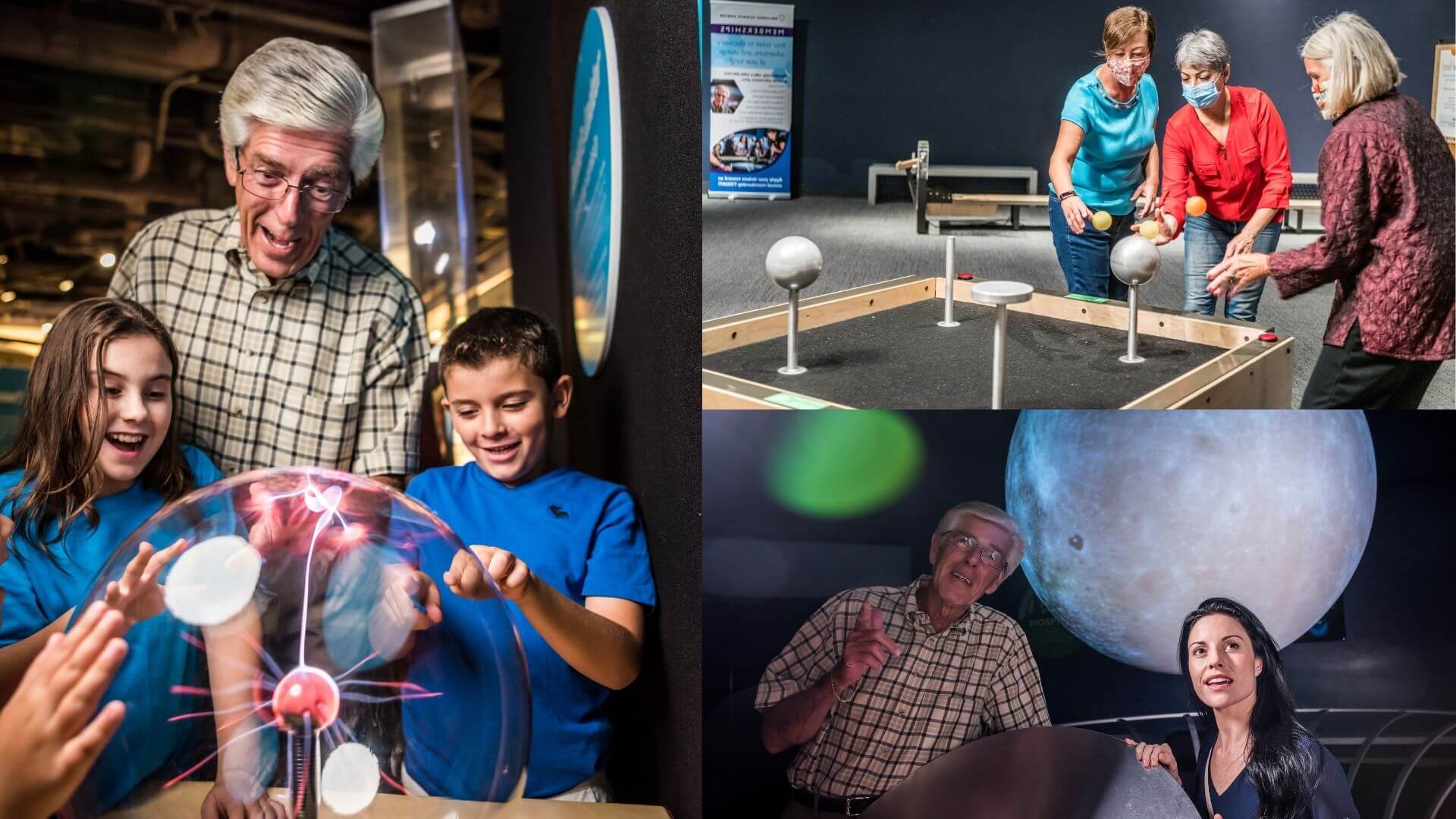a collage of adults enjoying Orlando Science Center: A man and woman interacting with and AI screen. three women doing a physics experiment and three young adults learning about alligators