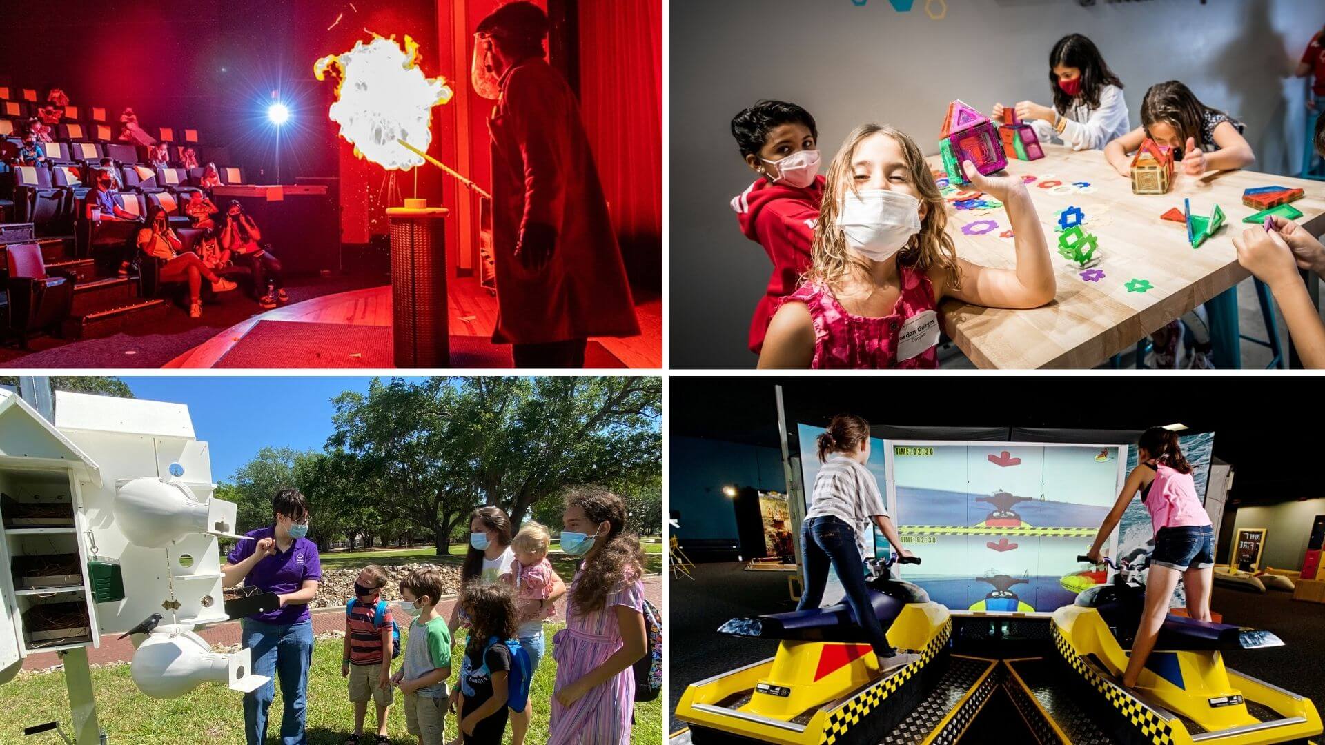 a collage of people doing science: An explosion on stage, kids building with blocks, a staff member giving a tour of a bird house, and two kids on jet ski simulators