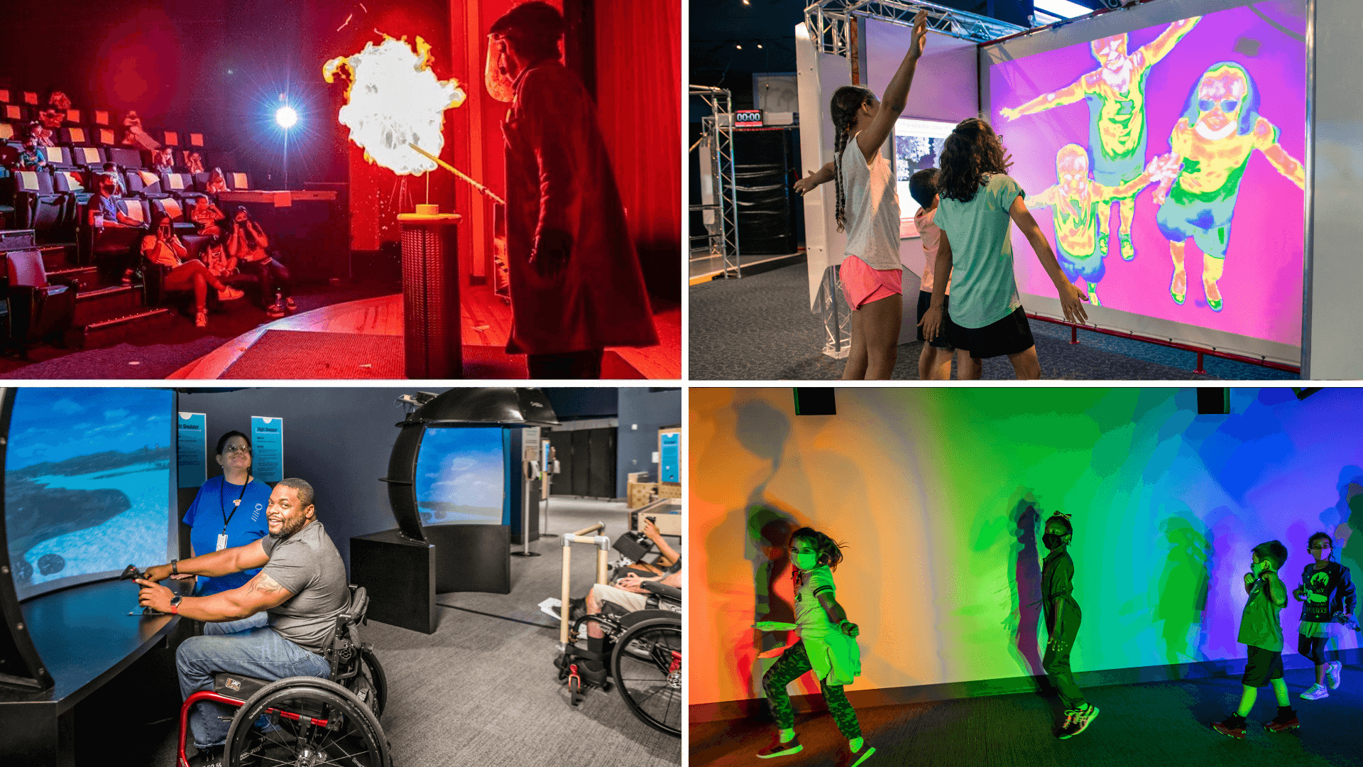 A collage of photos; a live explosive science demonstration, kids seeing their thermal image reflection, dancing, and a man in a wheelchair using a flight simulator
