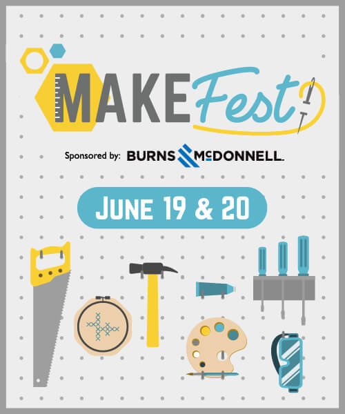 Make Fest Sponsored by Burns & McDonnell - a graphic of a pegboard with tools hanging on it