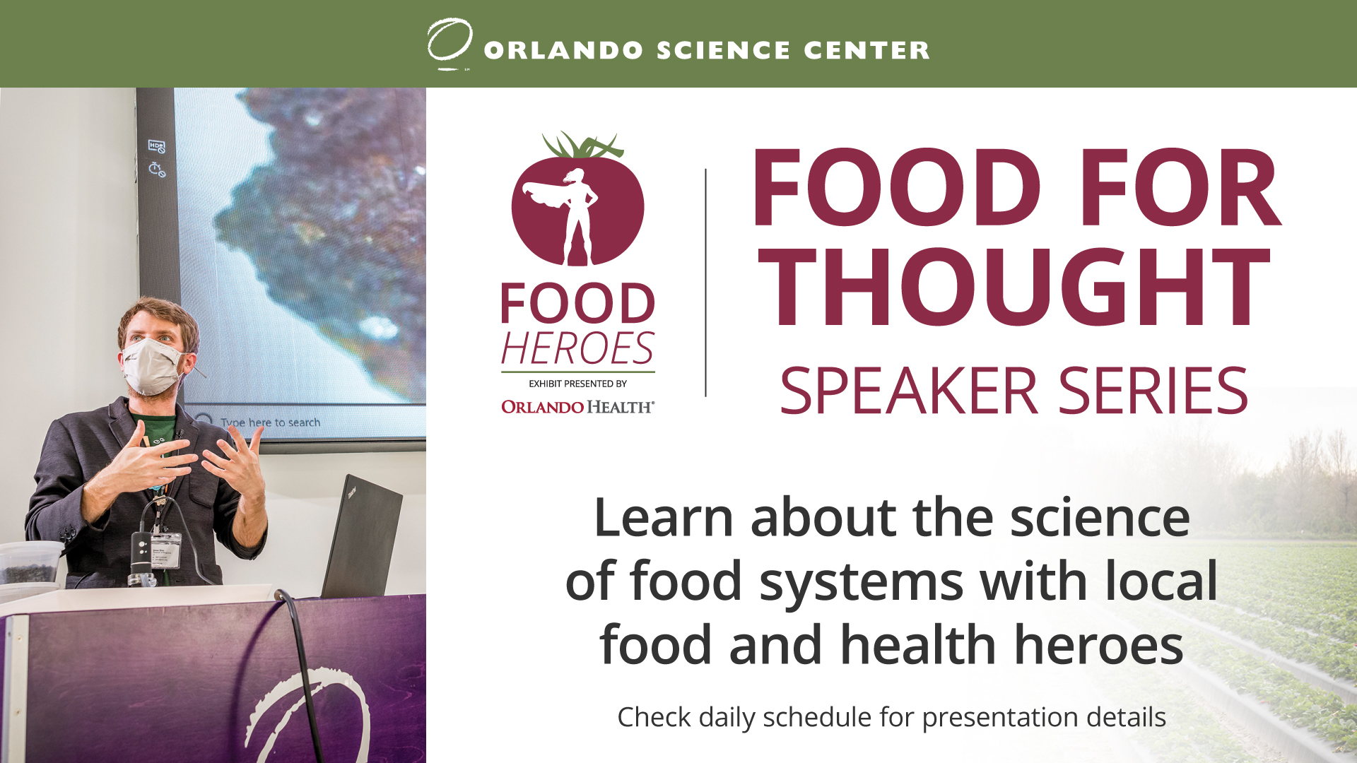 Food For Thought Speaker Series - image of presenter in Food Heroes exhibit