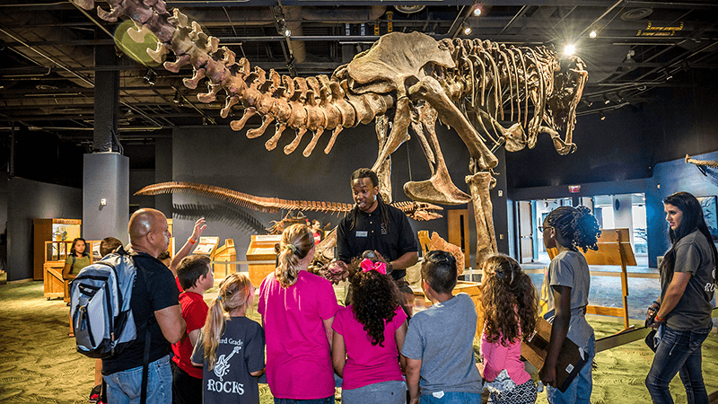 A Science Center educator teaches a field trip group in the DinoDigs exhibit.