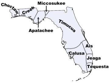 A map of florida showing Native American tribe territories
