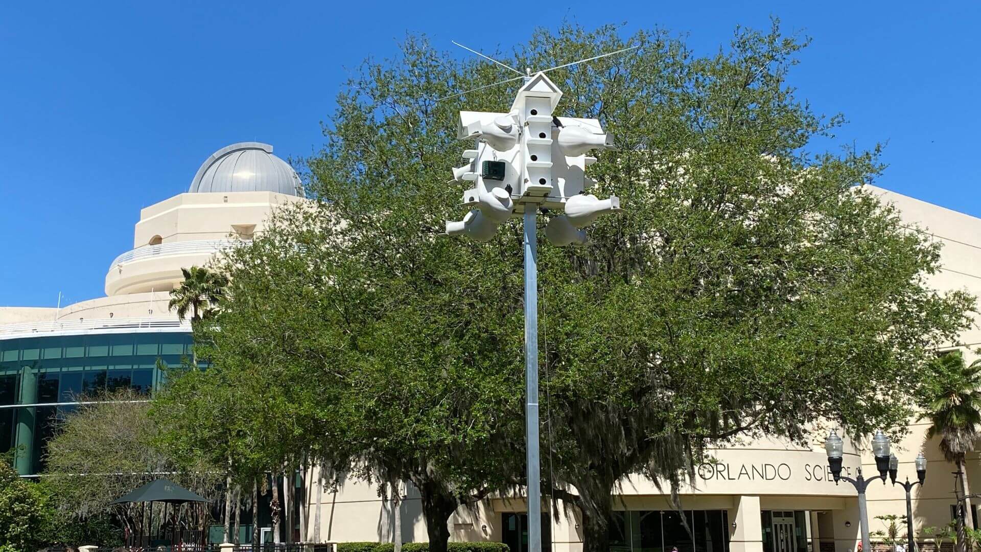 a large bird house for purple martin birds in front of orlando science center
