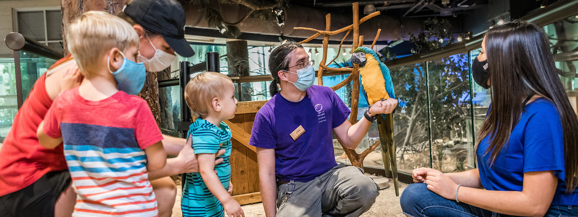 Small Private Experiences group interacting with animal keeper and Captain the parrot.