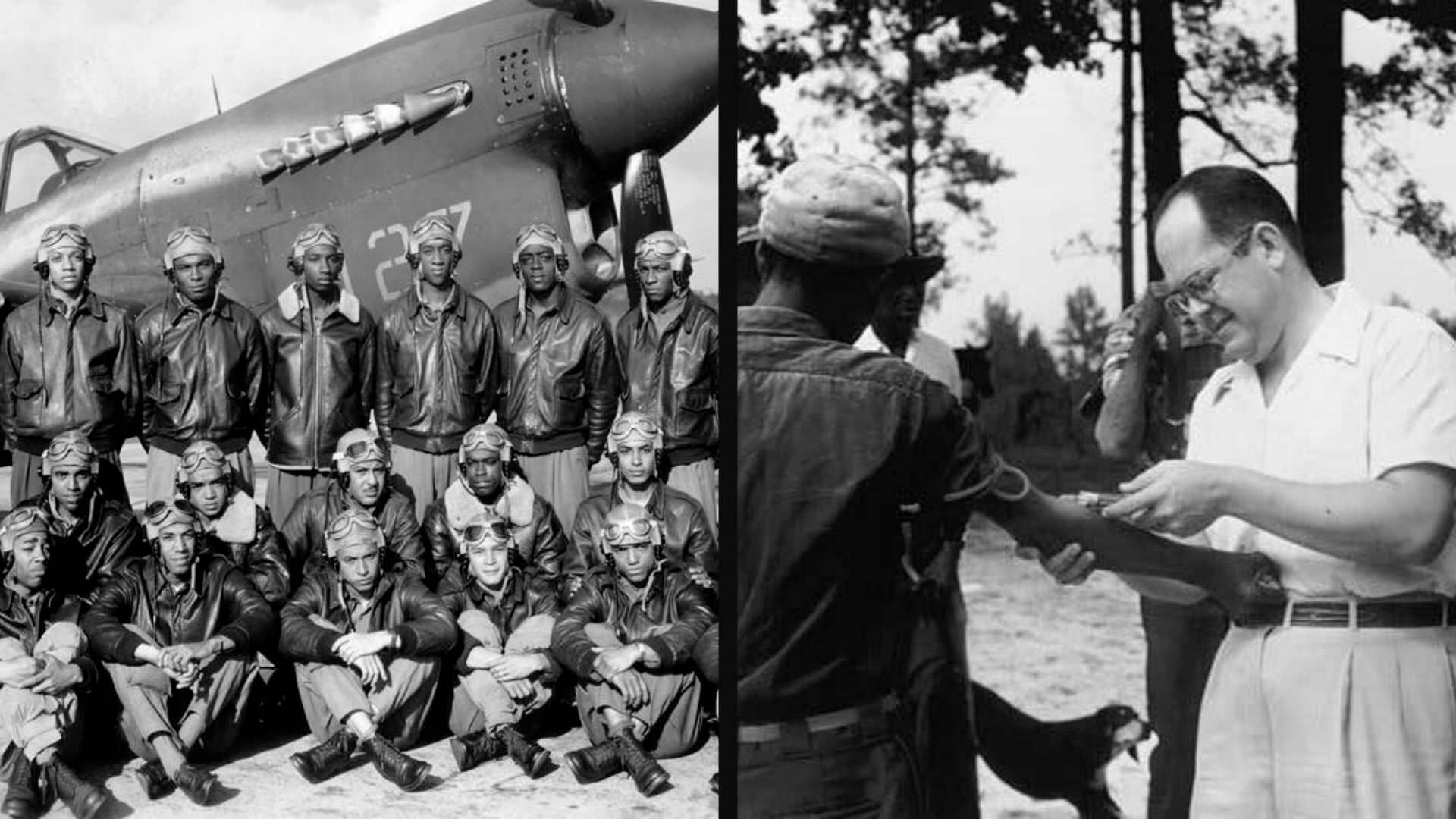 a photo of some Red Tail Pilots next to a photo of a doctor giving a man a shot