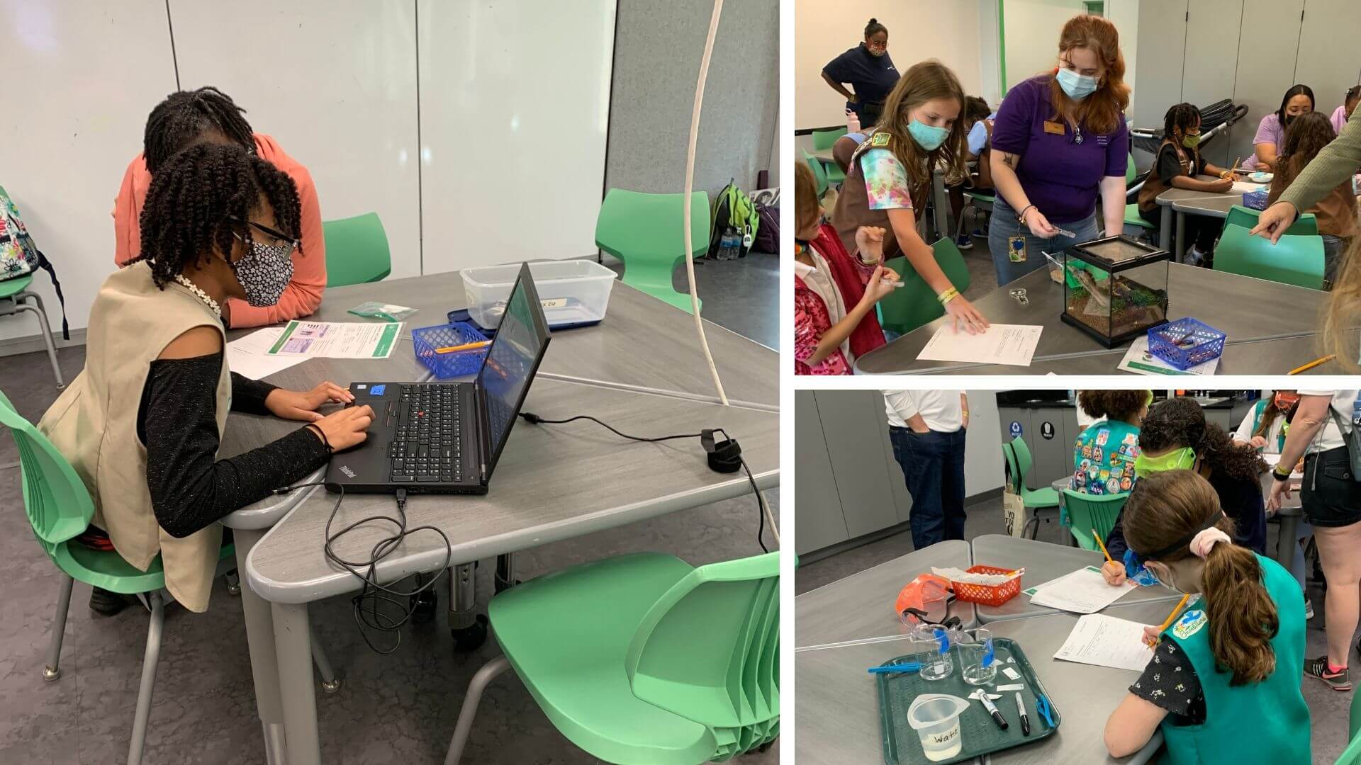 a collage of photos of Girls Scouts doing STEM at Orlando Science Center