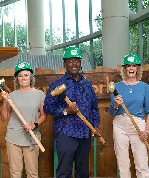 Groundbreaking event photo for Life exhibit featuring Orlando Science Center CEO JoAnn Newman, Orange County Mayor Jerry Demmings and Major Donor Dr. Sarah Layton.