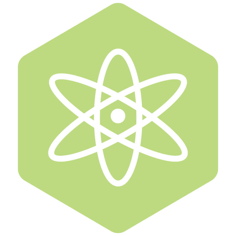 Atom icon in light green hexagon shape.