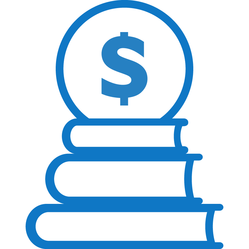 Coin with dollar sign on top of stack of three books icon
