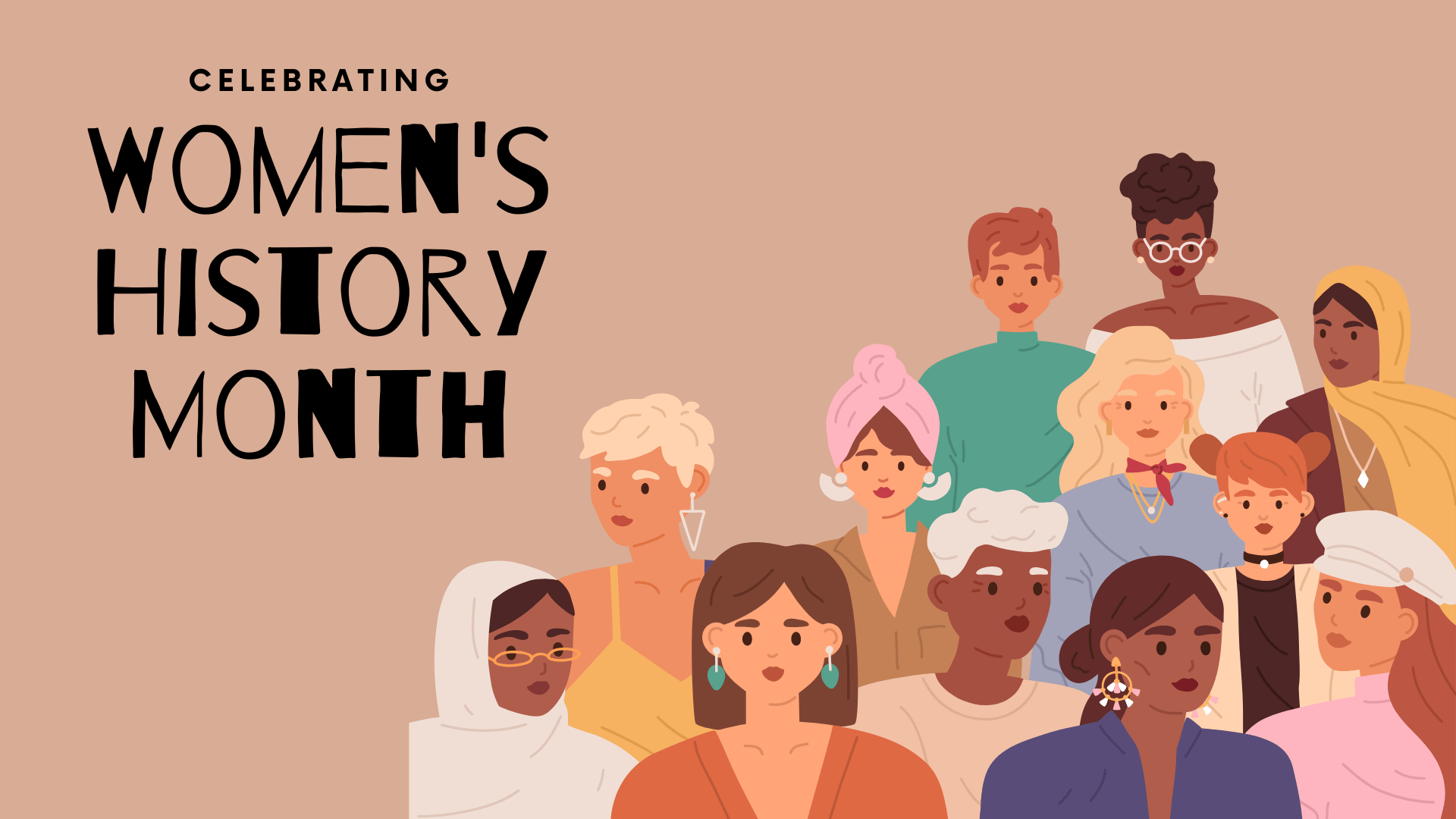 An illustration of many women of different races, ages and ethnicities under a header that reads Celebrating Women's History Month.