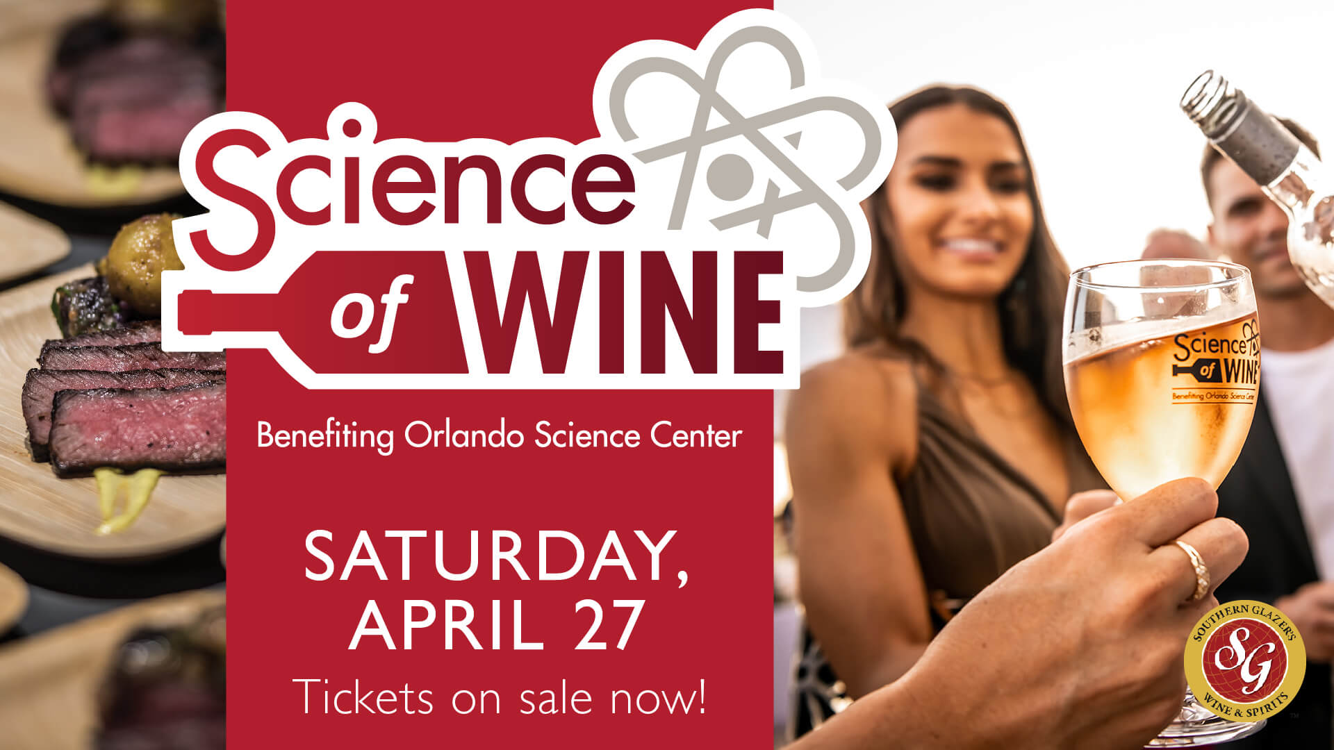 Science of Wine benefiting Orlando Science Center is Saturday, April 27, 2024. Information is presented next to a photo of a woman smiling and holding up a wine glass in a "cheers" motion.