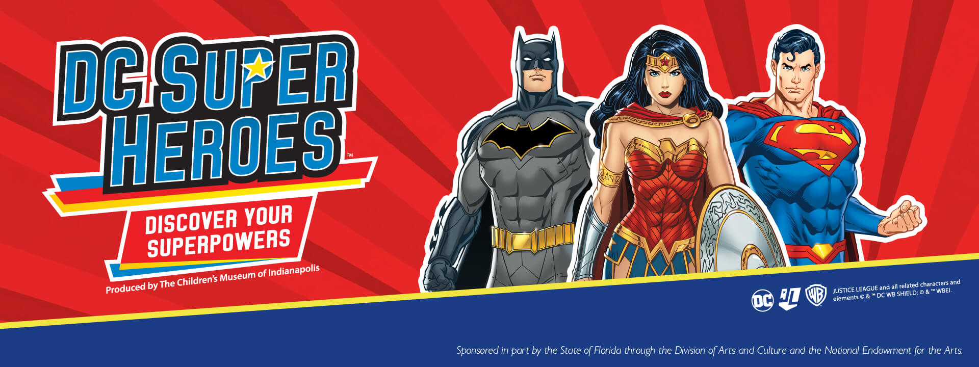 Colorful banner featuring DC superheroes: Batman, Wonder Woman, and Superman. Text reads "DC Super Heroes - Discover Your Superpowers."