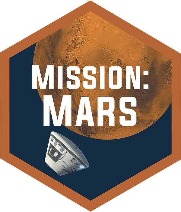Mission: Mars Badge Mission: Mars hexagonal badge showing planet Mars and Orion space capsule.