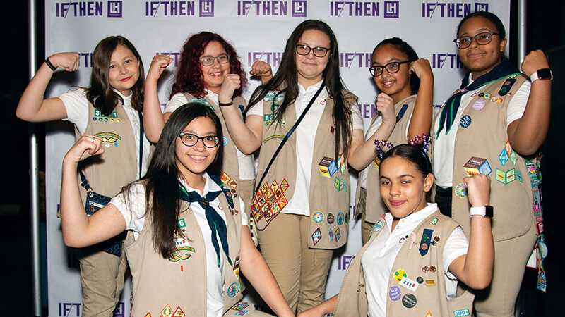 Photo of Girl Scouts group posing together at an IF/THEN event.