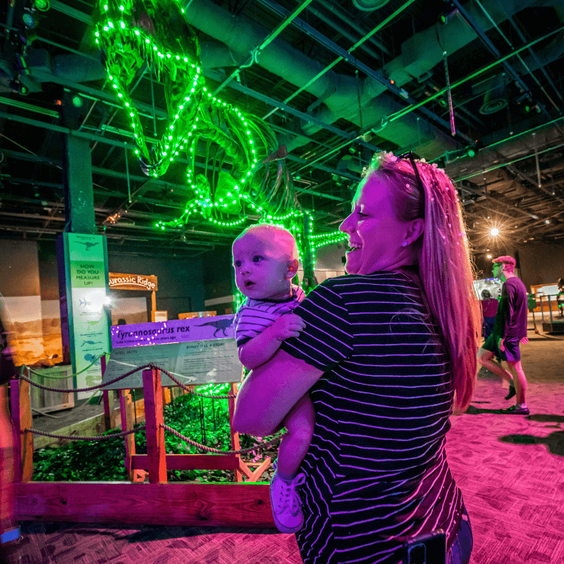 Dinos In Lights 2022_3 A mother and baby stand in wonder in front of a T. rex skeleton lined with Christmas lights.