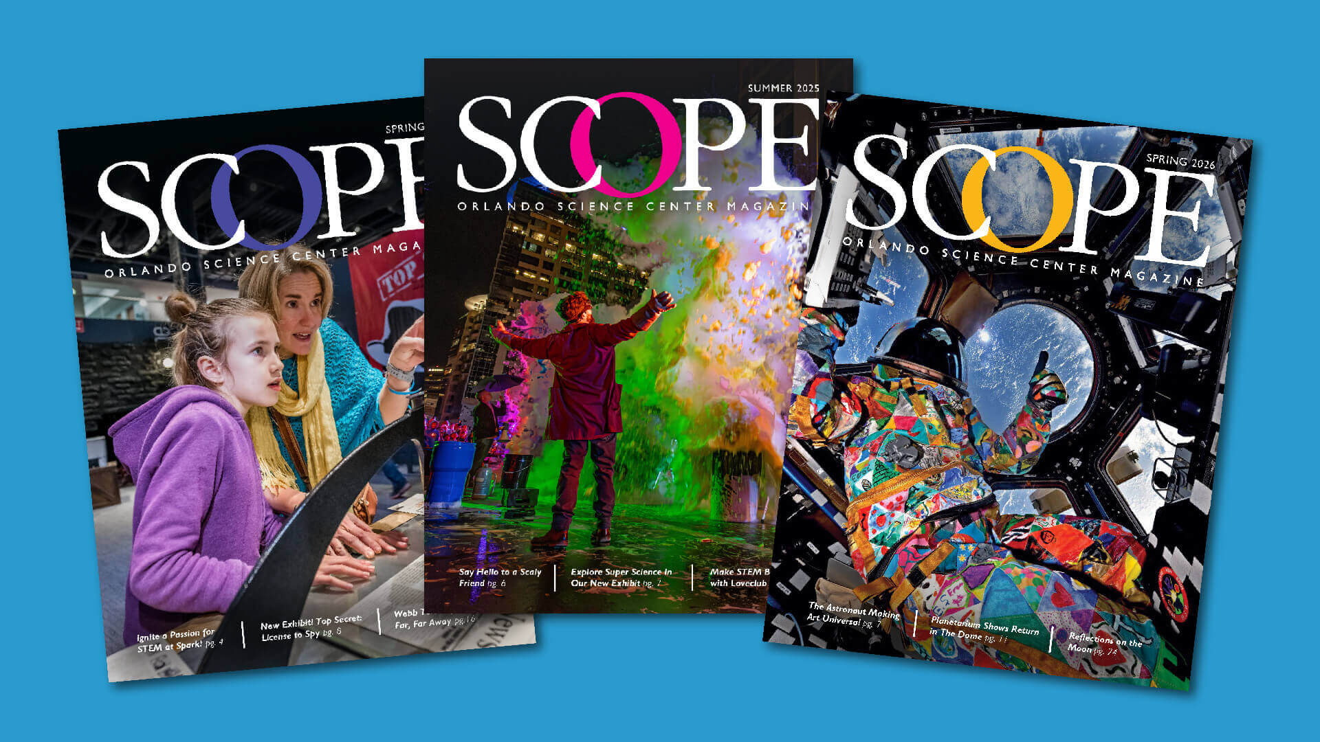 The covers of three issues of SCOPE Magazine