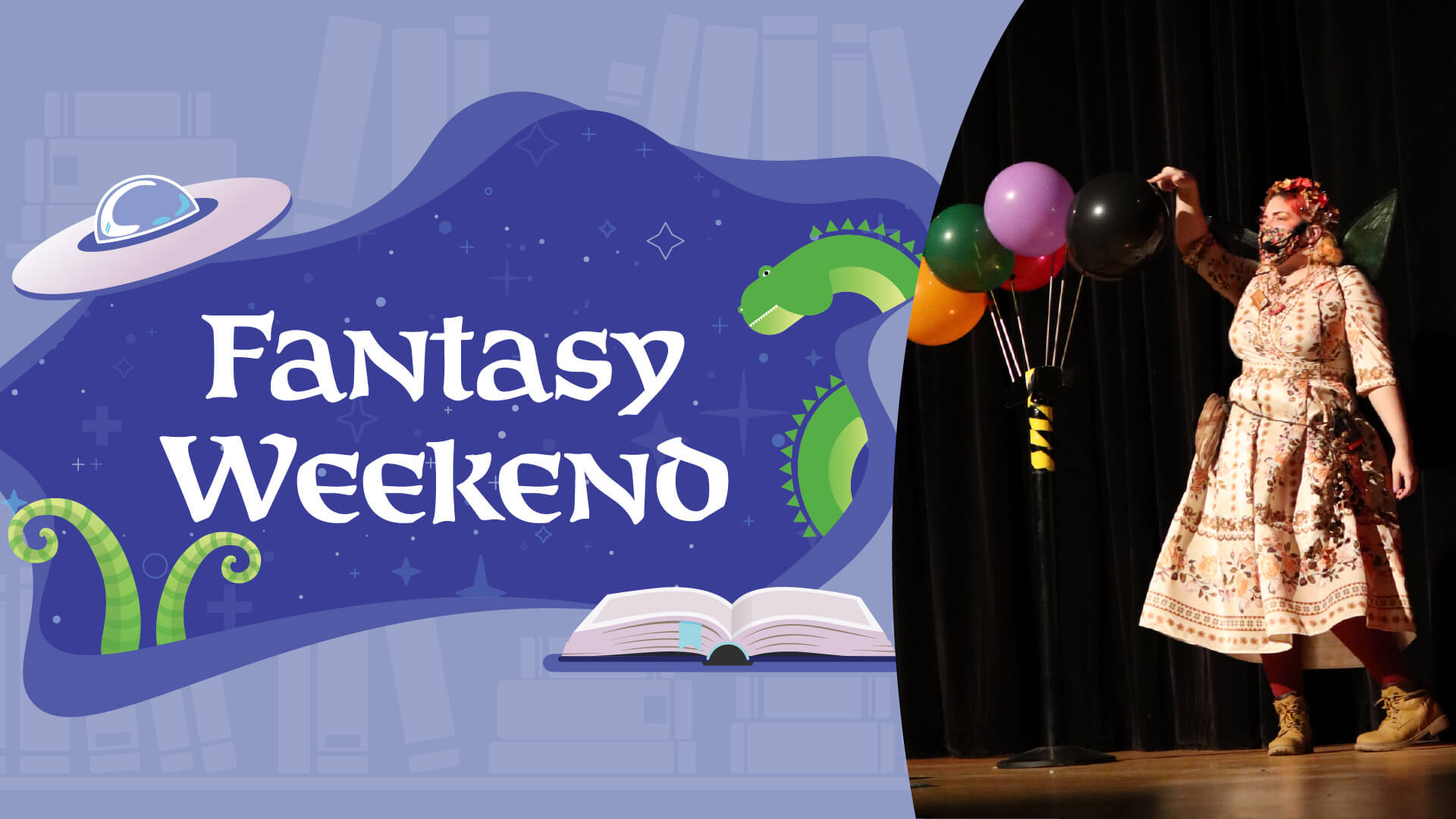 Fantasy Weekend logo and photo of presenter about to pop a group of balloons.